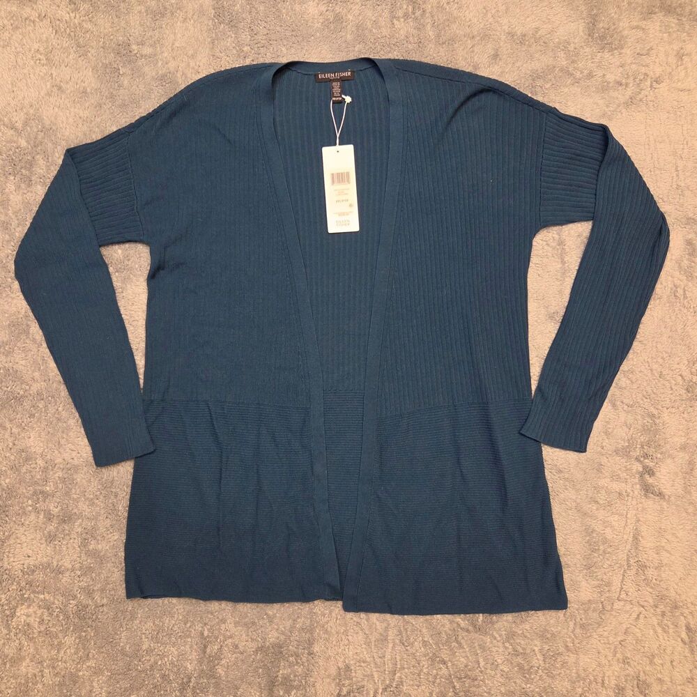 NWT Eileen Fisher Blue Spruce Tencel Steel Ribbed Long Cardigan PP PTP $338